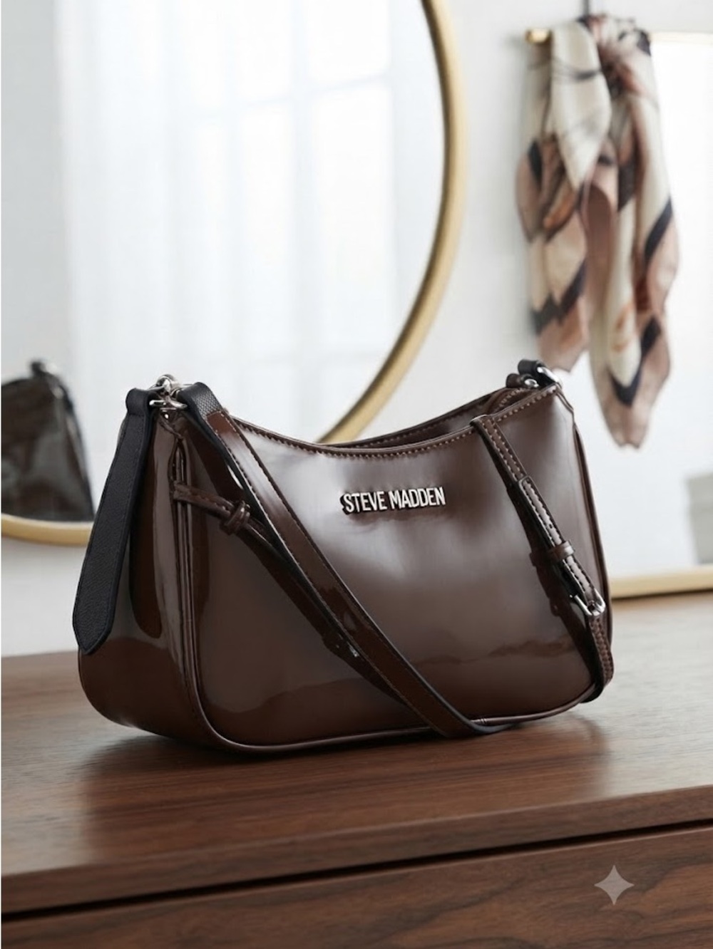 Steve Madden Brown Patent Shoulder Bag with Silver Hardware